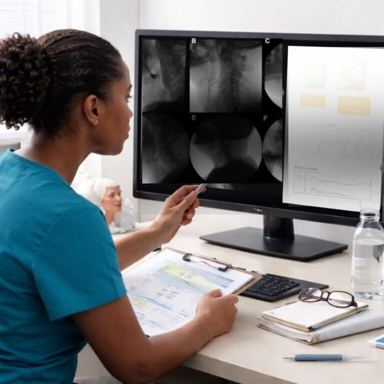 Clinician reviewing a pediatric modified barium swallow study